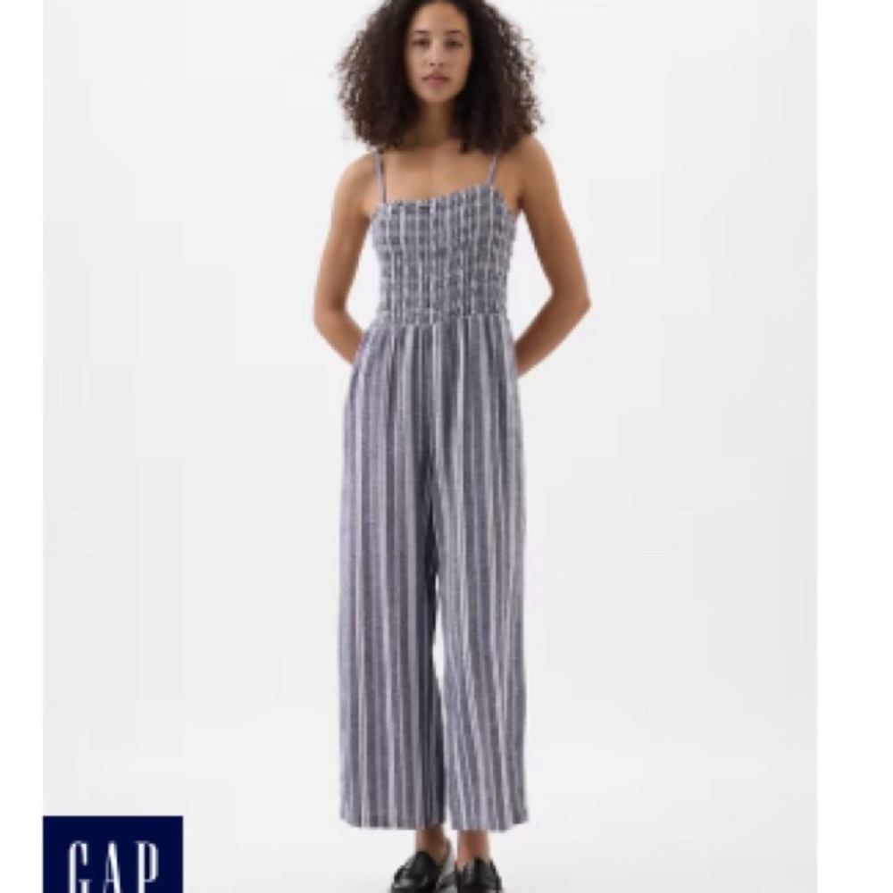 GAP Navy Blue Striped Jumpsuit with Smocked Bodice Size Medium